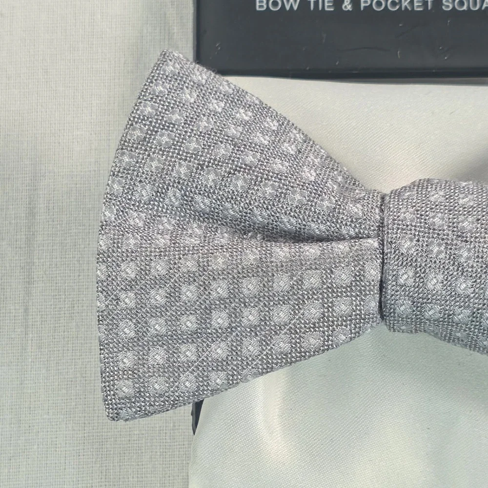Alfani Mens Bow Tie & Pocket Square Set OS Grey/White Geometric Necktie NWT